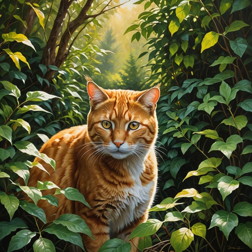 Golden Cat Peeking: Warm Oil Painting in Impasto Style
