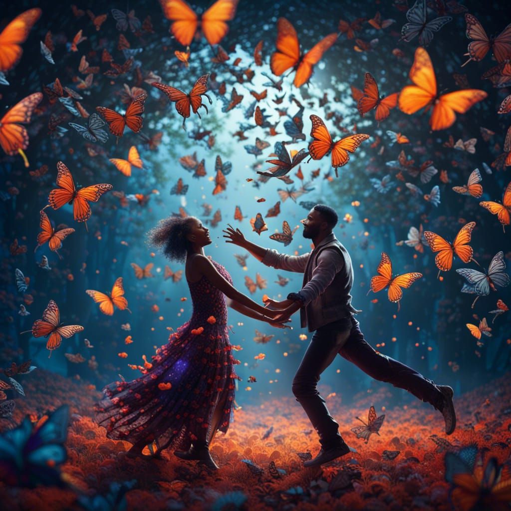 Couple's Dance in Butterfly Flight: Detailed Matte Painting