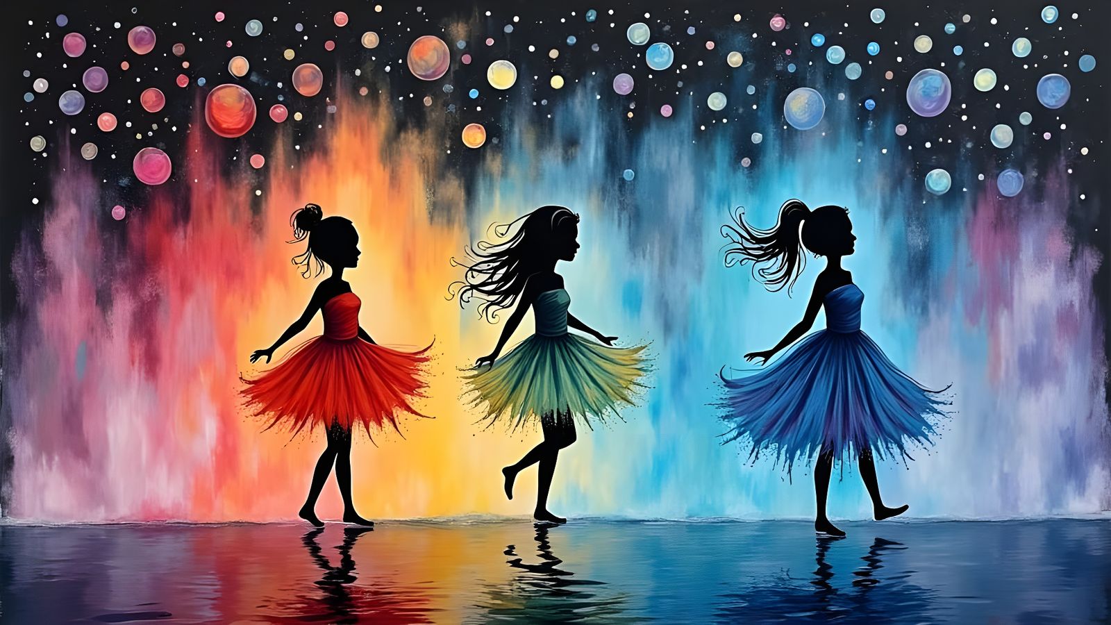 Whimsical Girls Dancing in Rainbow Acrylic Pour