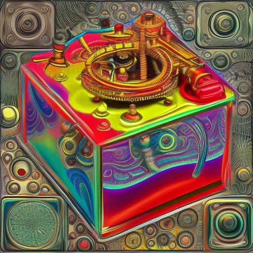Steampunk Engine in Rainbow Box: Abstract Oil Painting
