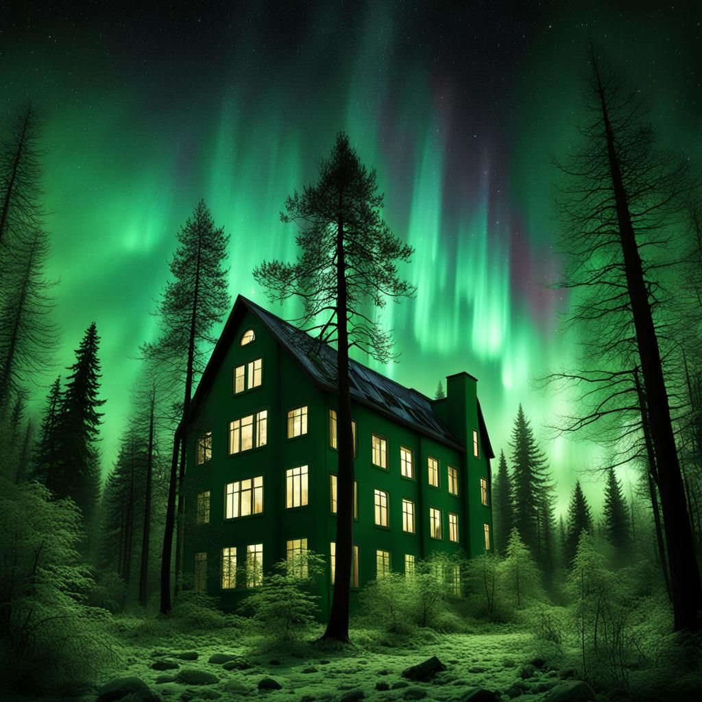 Night Aurora Illuminates Forest Building as Matte Painting