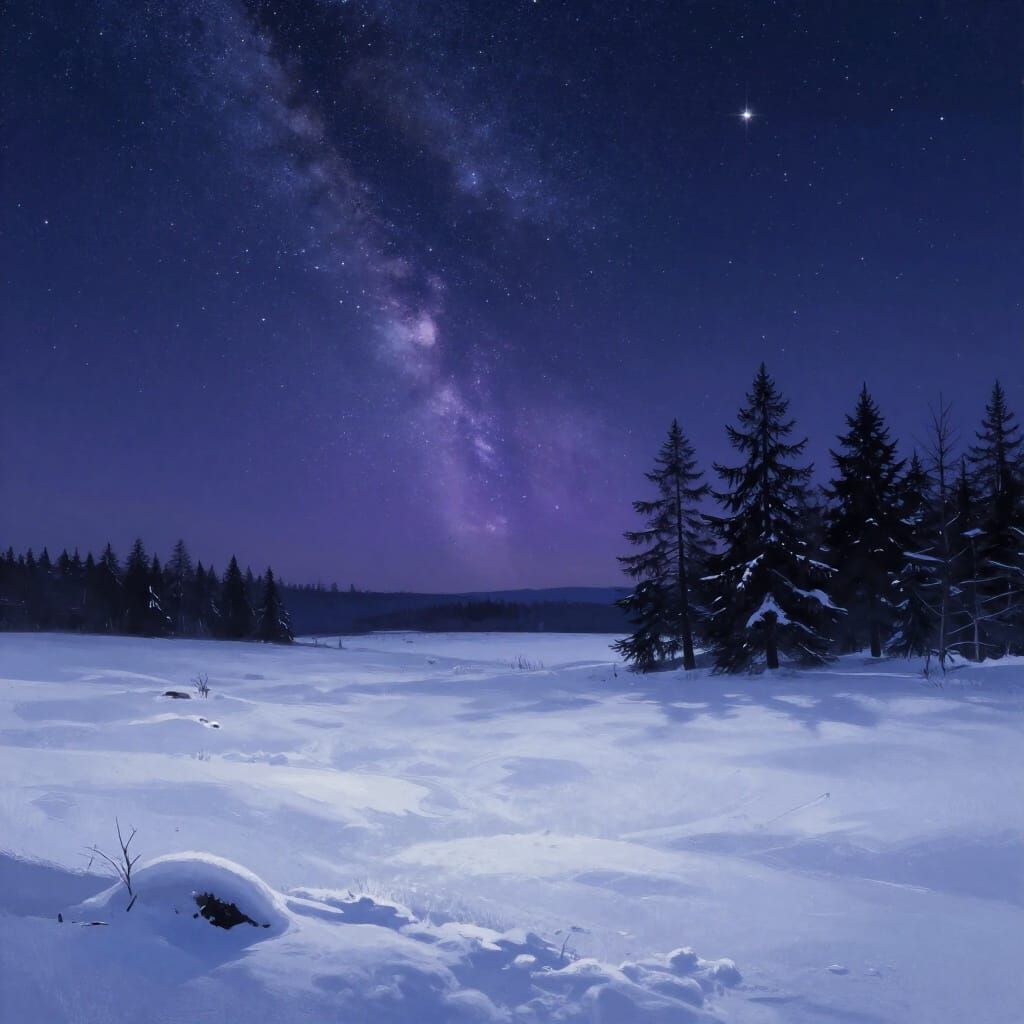 Hyperrealistic Winter Night Sky Over Snow-Covered Field