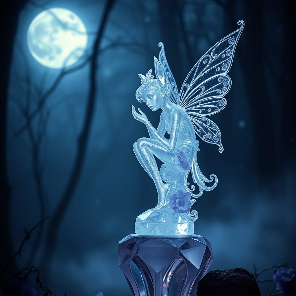 Crystal Fairy Elf Statue in Moonlit Forest