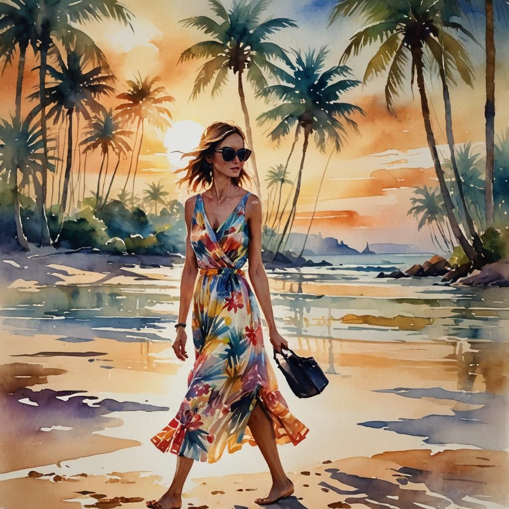 Impressionist Woman on California Beach at Sunset
