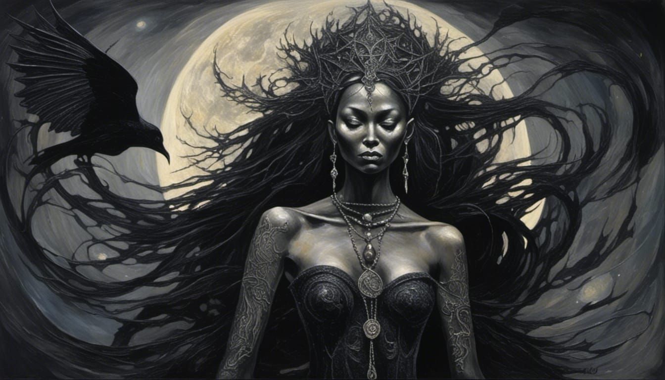 Black Magic Woman in Eerie Dark Fantasy Style