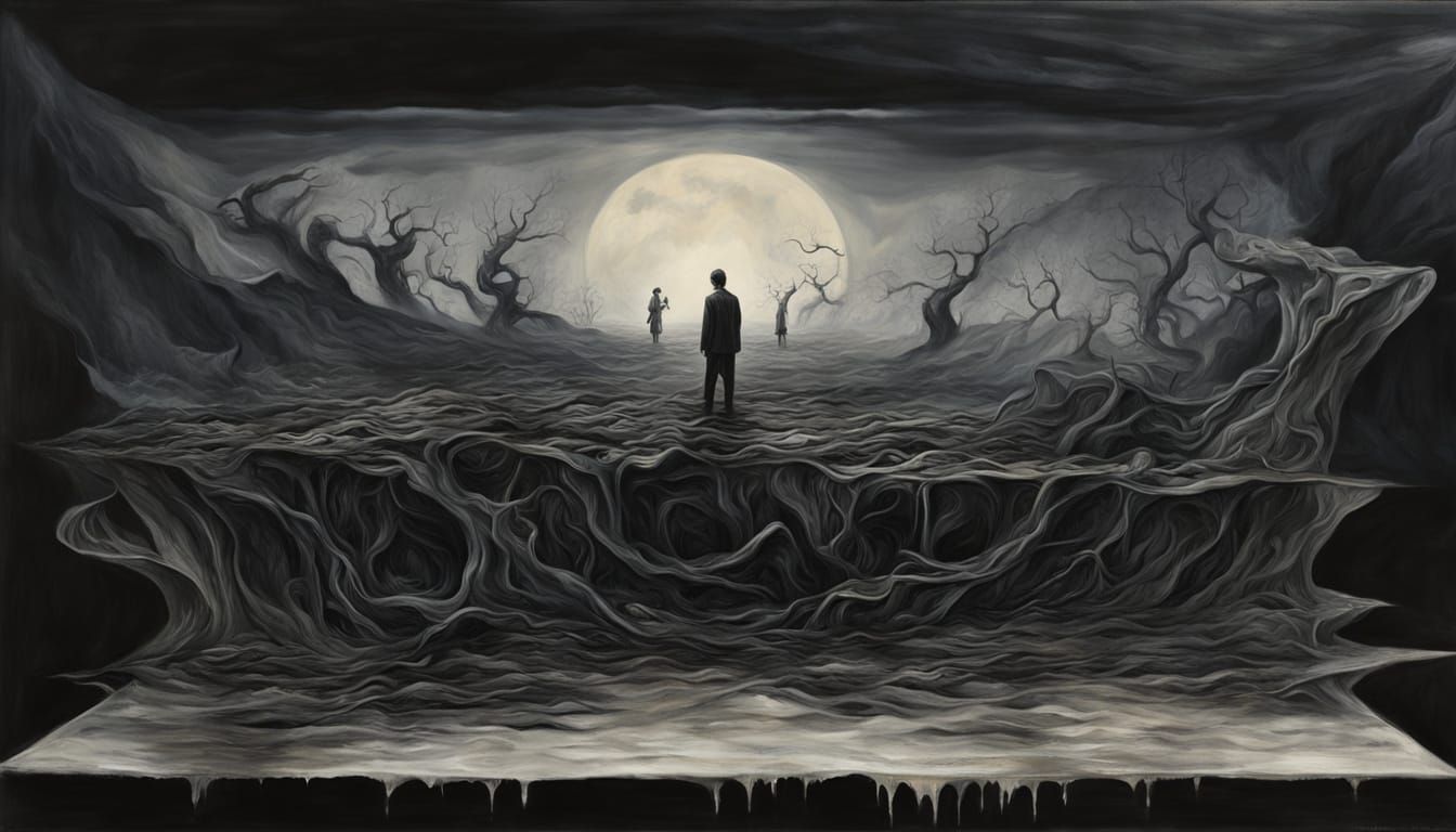 Surreal Darkness Oil Painting with Trompe-l'oeil
