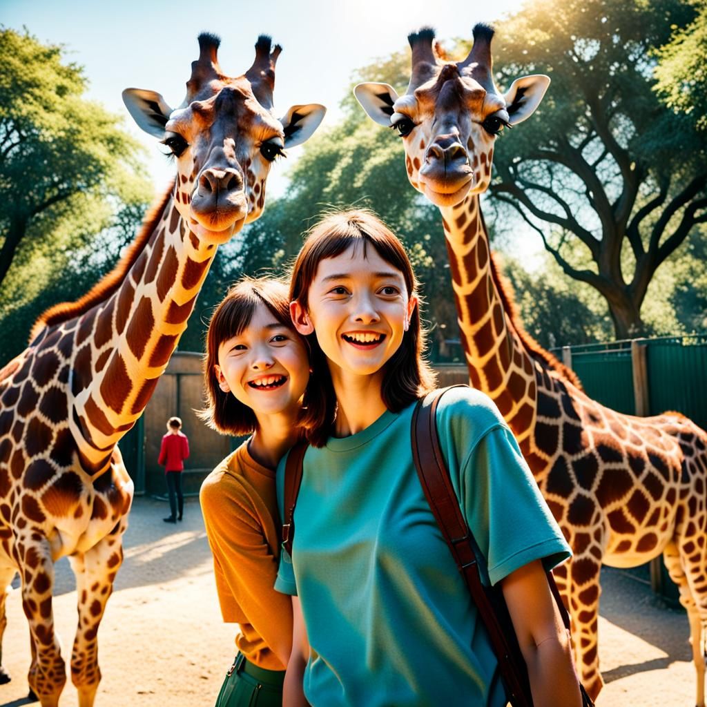 Friends Surprised by Mischievous Giraffe in Vibrant Zoo Scen...