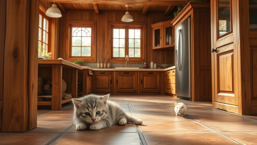 Rustic Wood Kitchen with Kitten and Mouse