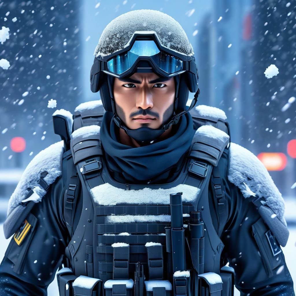 Scifi Soldier Anime Boy in a snow storm...