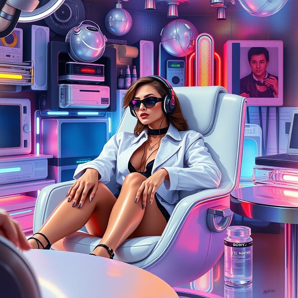 Futuristic Lounge Scene in Watercolor Style