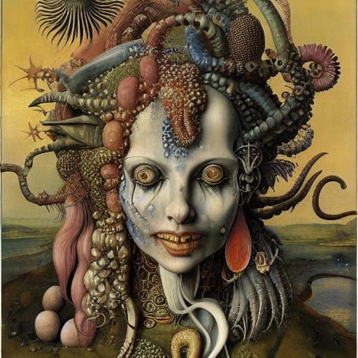 Stheno in Achlys: A Surrealist Biopunk Vision