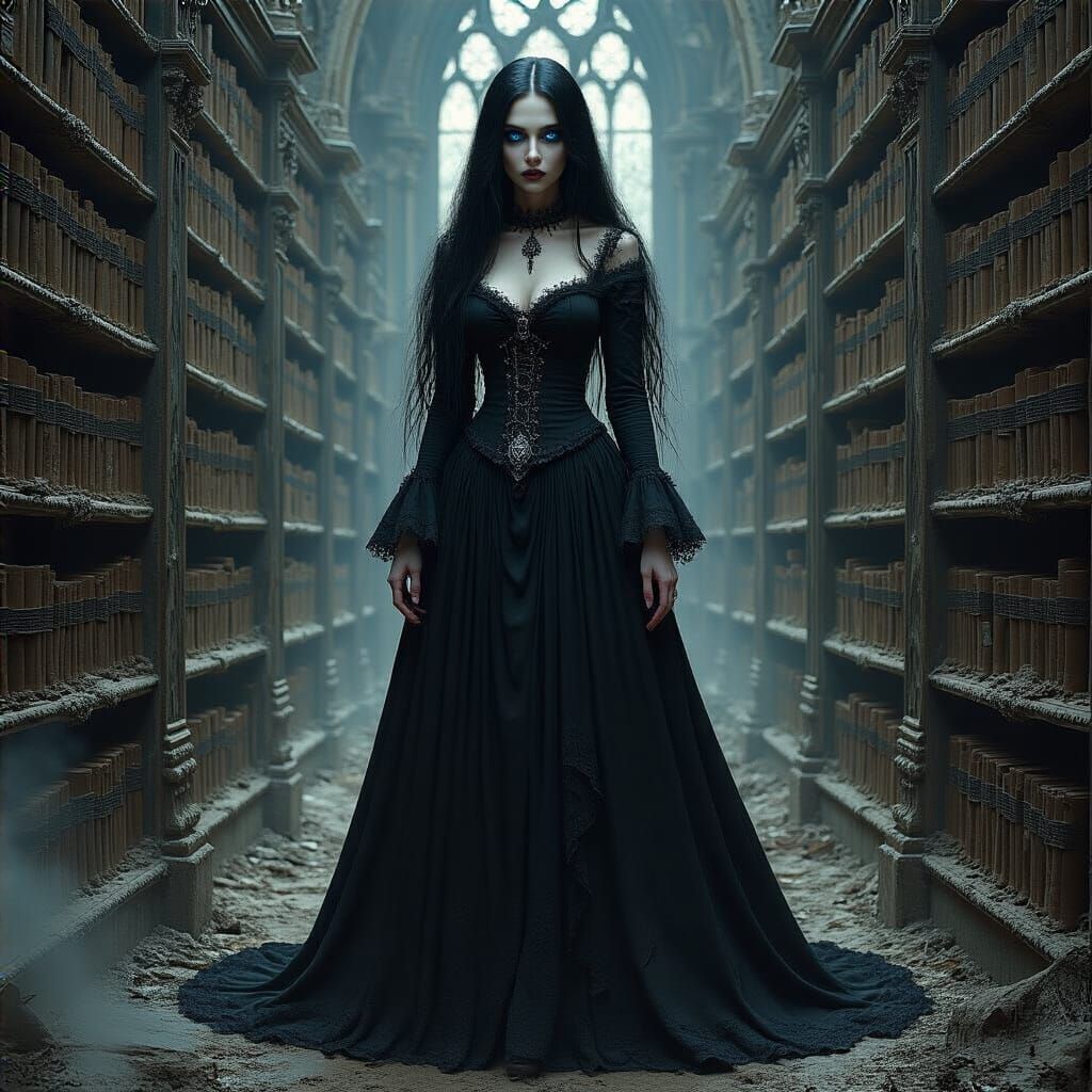 Gothic Woman in Decaying Library: Dark Fantasy Art