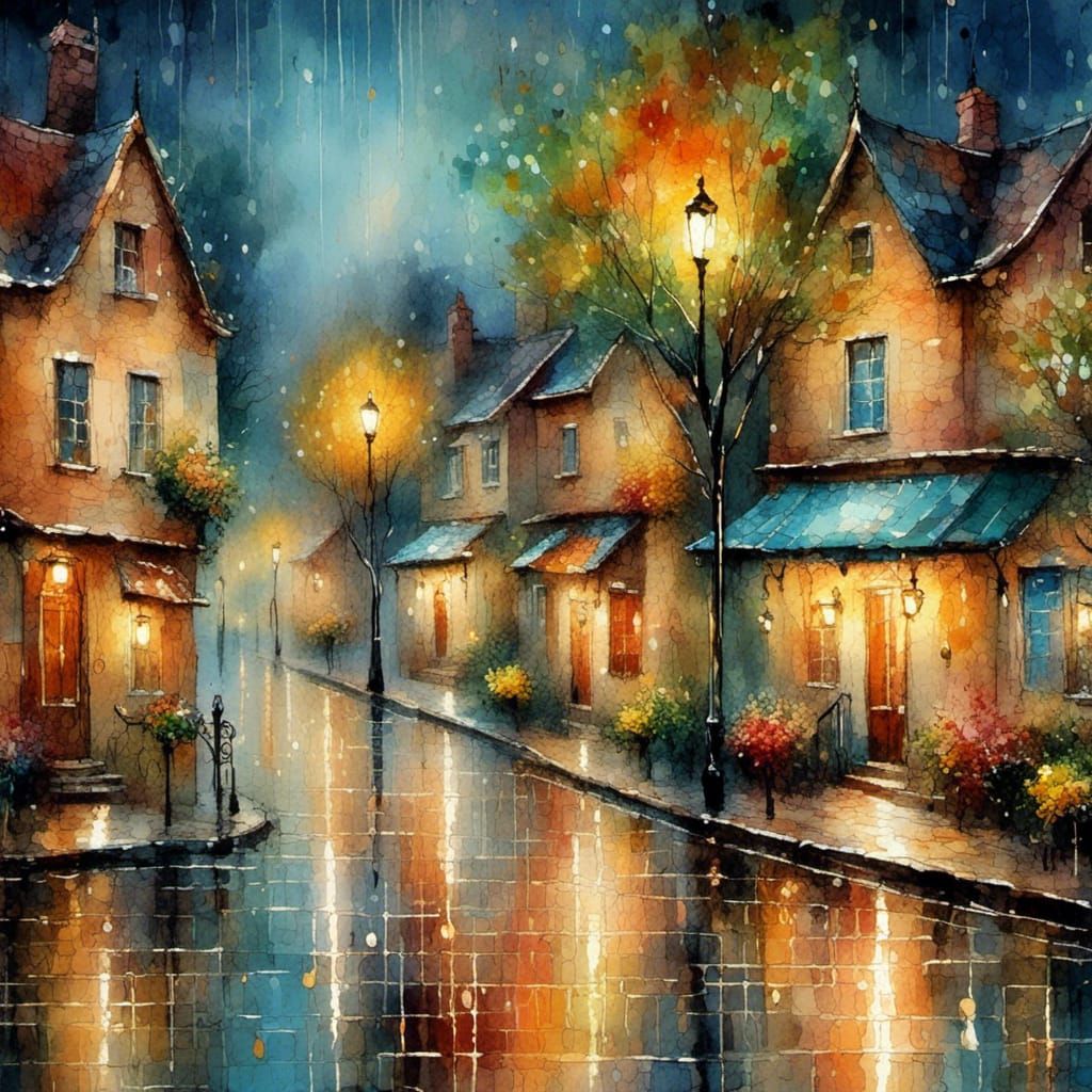 Colorful Rainy Street Scene in Naive Art Style