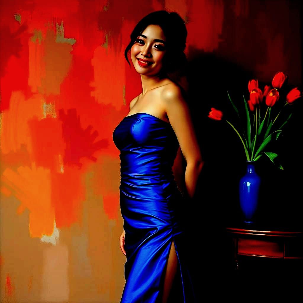 Korean Woman in Elegant Blue Dress, Surrounded by Vibrant Co...