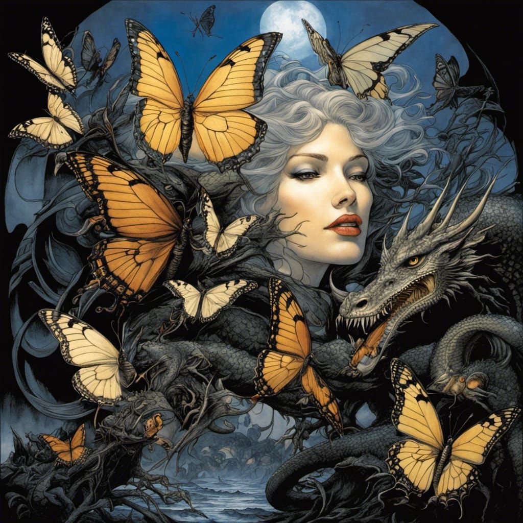 Butterflies Versus Dragon in Art Nouveau Style