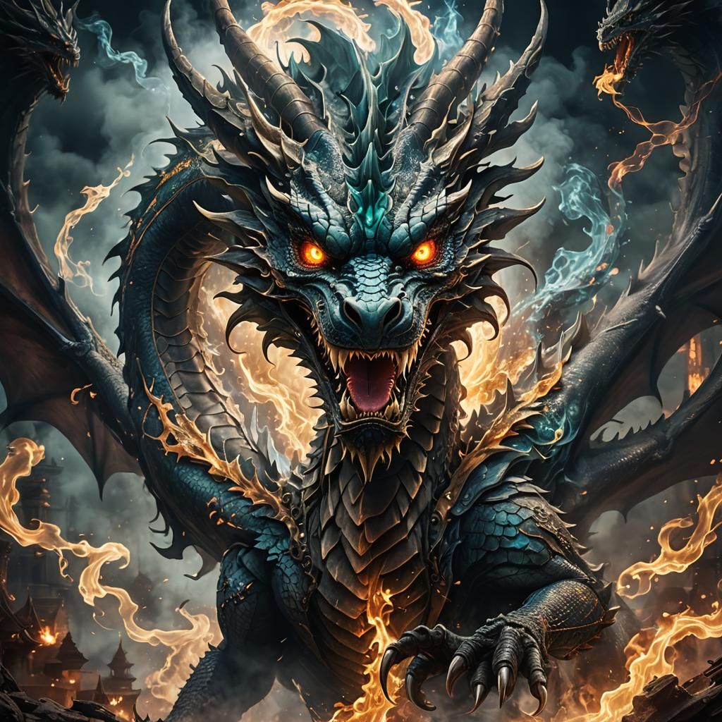 Luminescent Smoke Dragon in Maximalist Scene