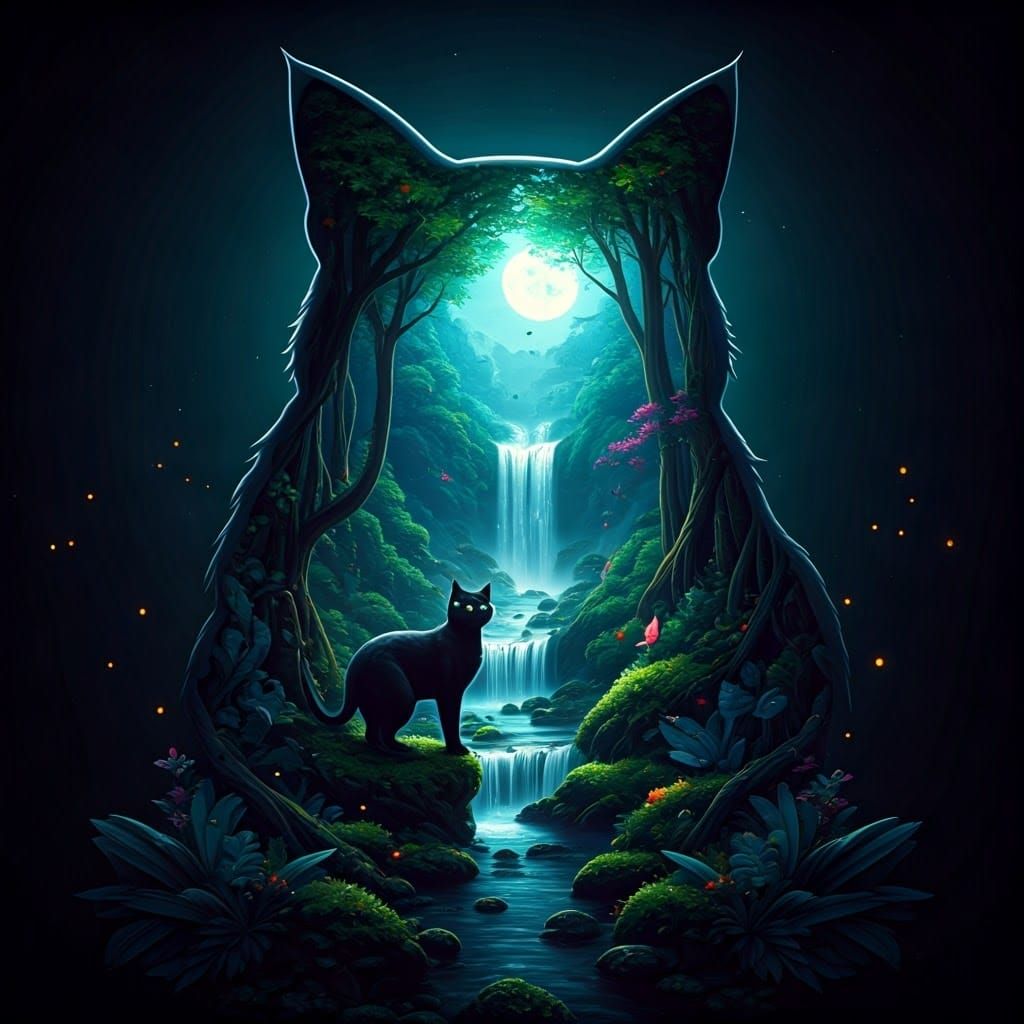 Mystical Cat Portal to Emerald Forest, Surreal Art