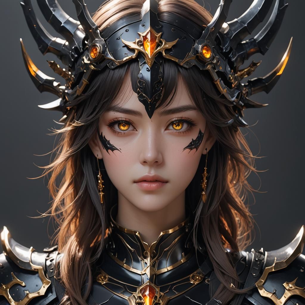 Woman in Black Bone Armor: Hyperrealistic Anime Portrait