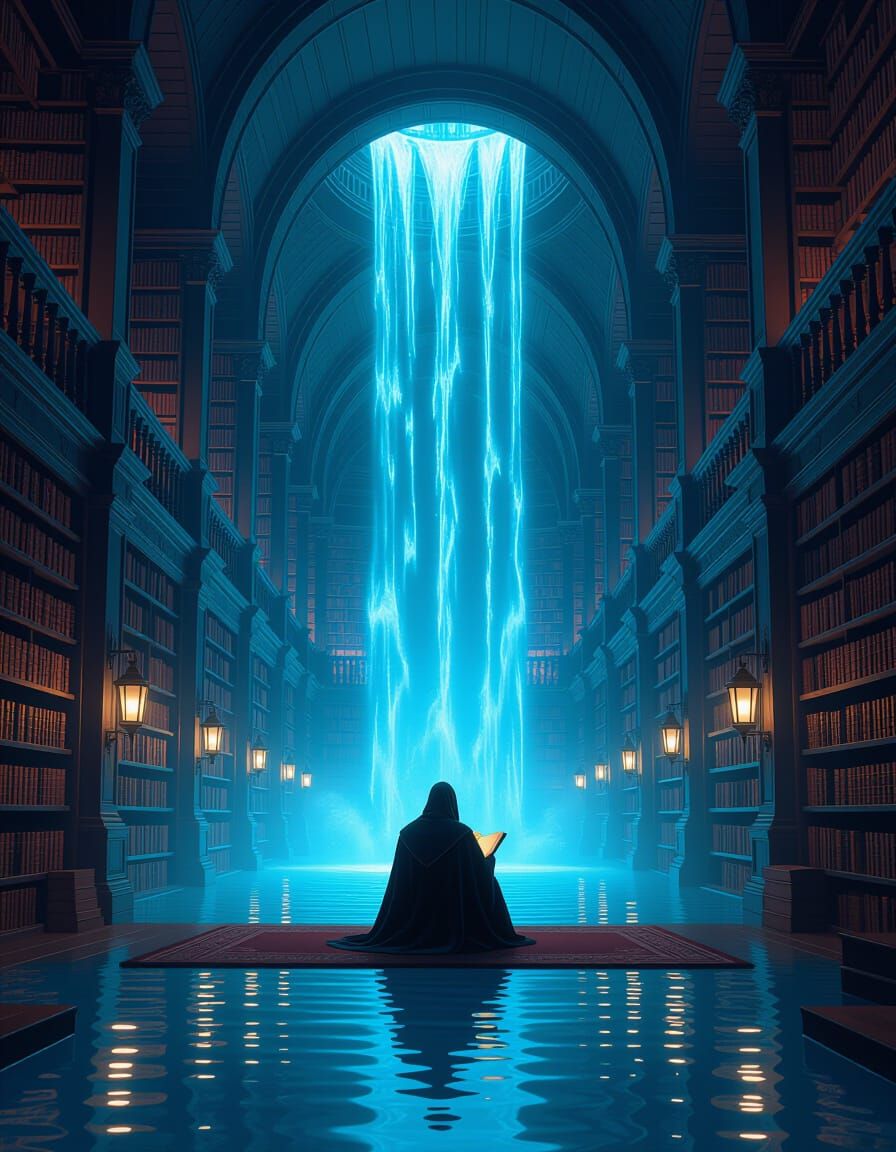 Glowing Waterfall in Ancient Library Reading Room