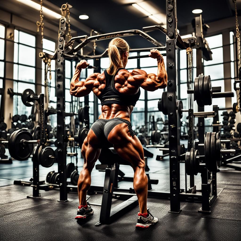 Female Bodybuilder Doing Lat Pulldown in Gym