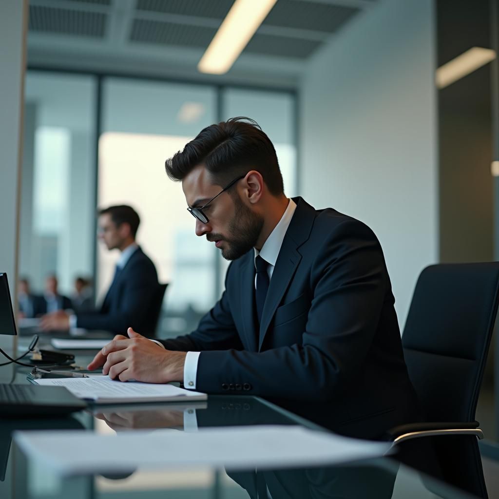 Executive Reviews Reports in Modern Office: Hyperrealistic S...