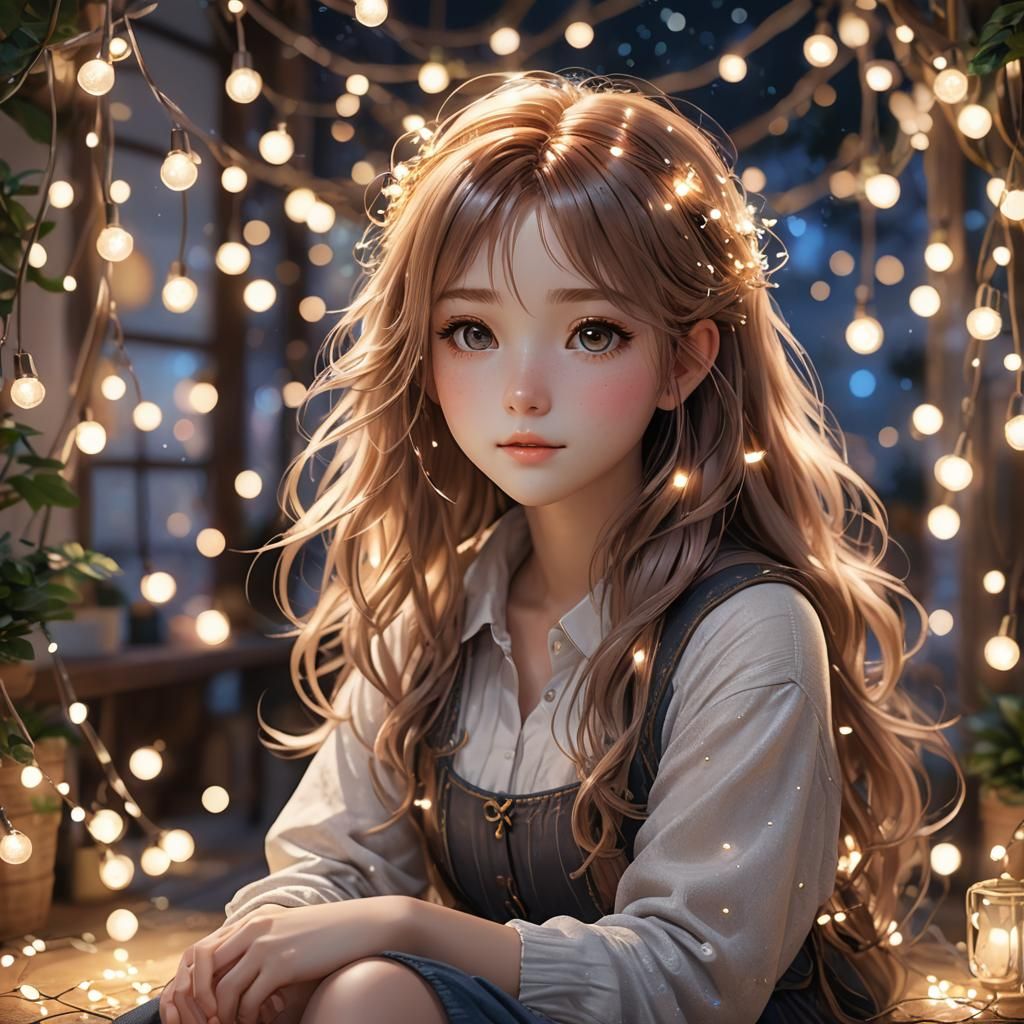 Anime Girl Portrait with Syrup Hair Under Fairy Lights