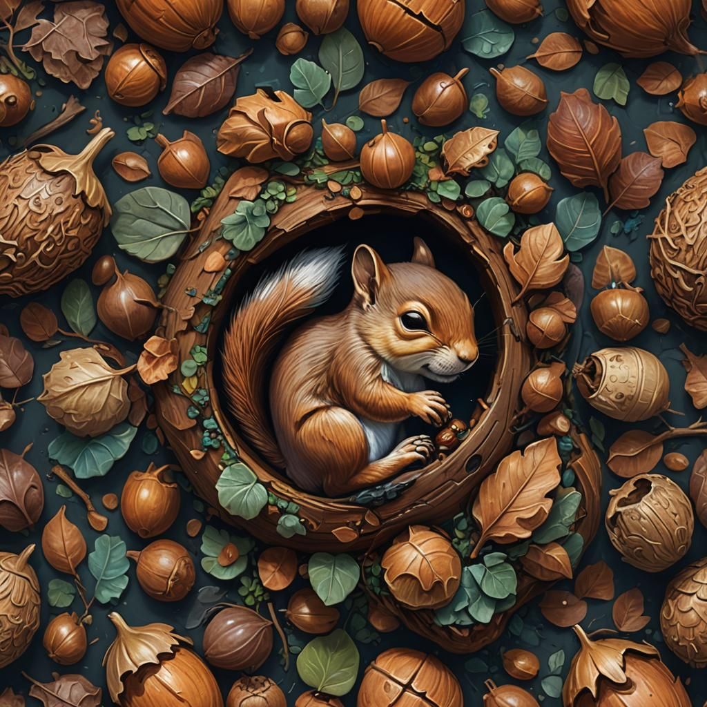 Baby Squirrel Sleeping in Acorn, Fantasy Acrylic Art