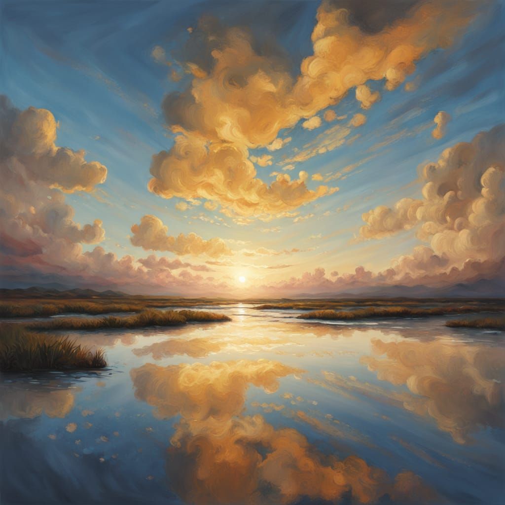 Vast Blue Sky Oil Painting with Golden Hour Light