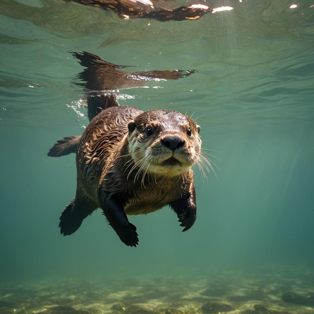 Underwater Otter Swimming in Dynamic Lighting