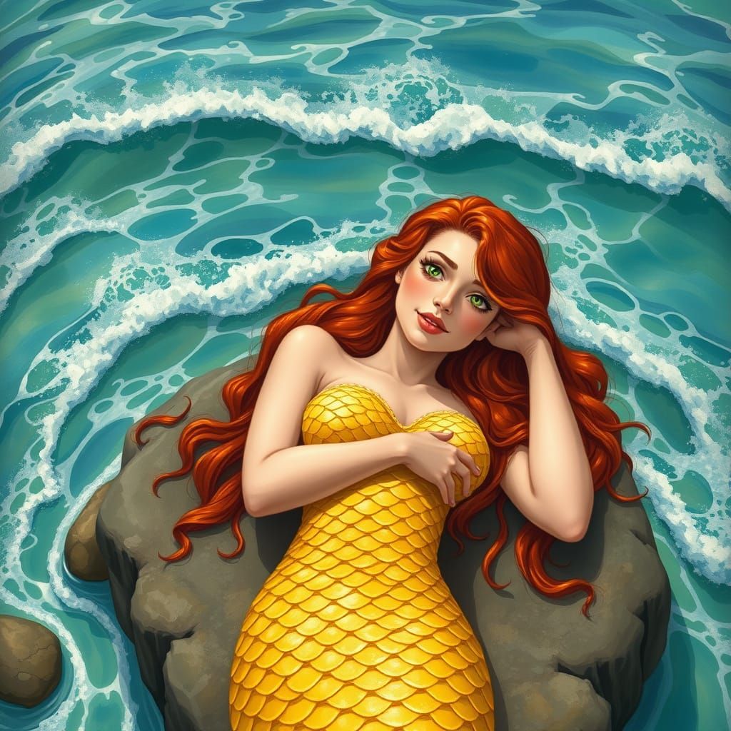 Redhead Mermaid Sunning Herself in Surreal Style