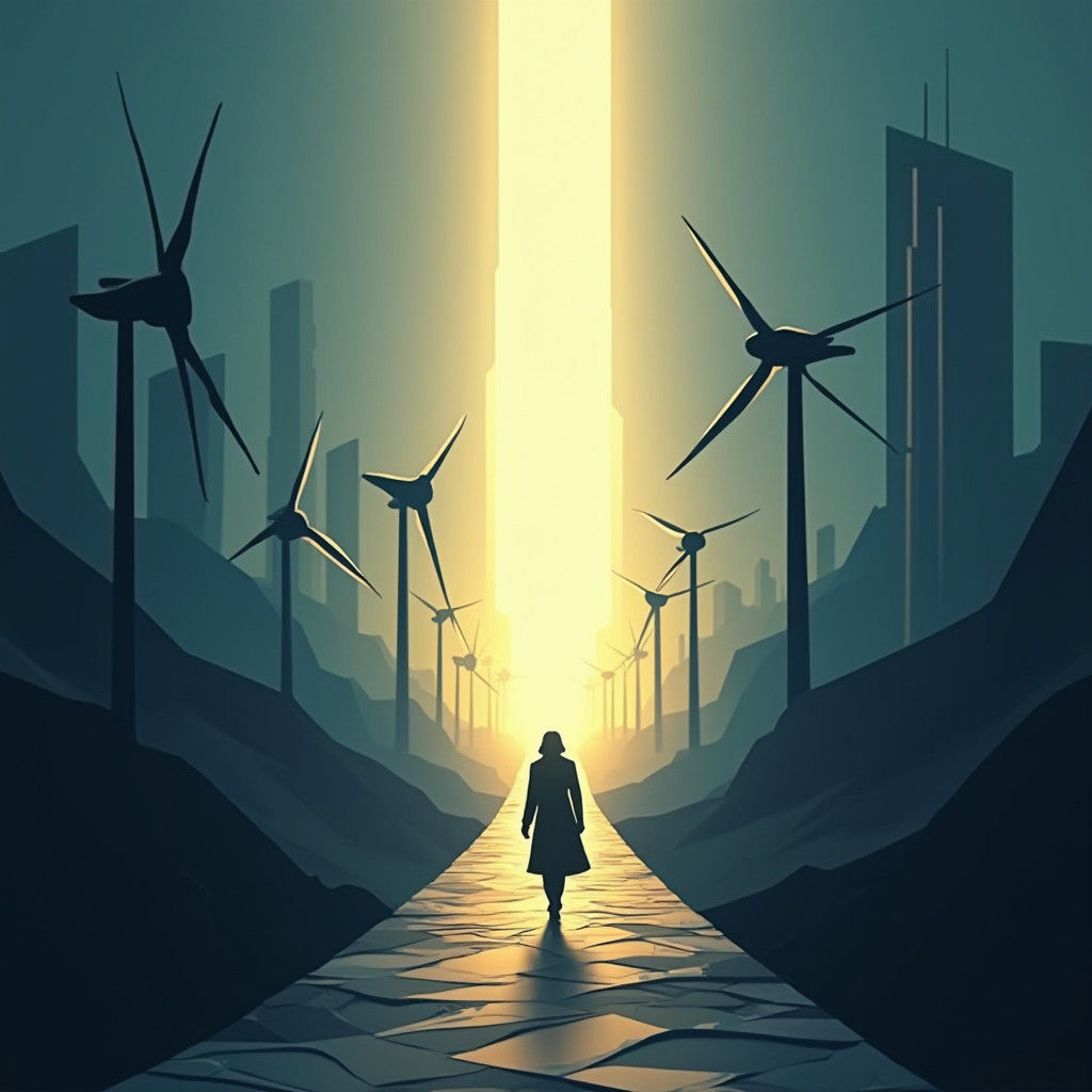 Hopeful Figure Walks Toward Light in Futuristic City