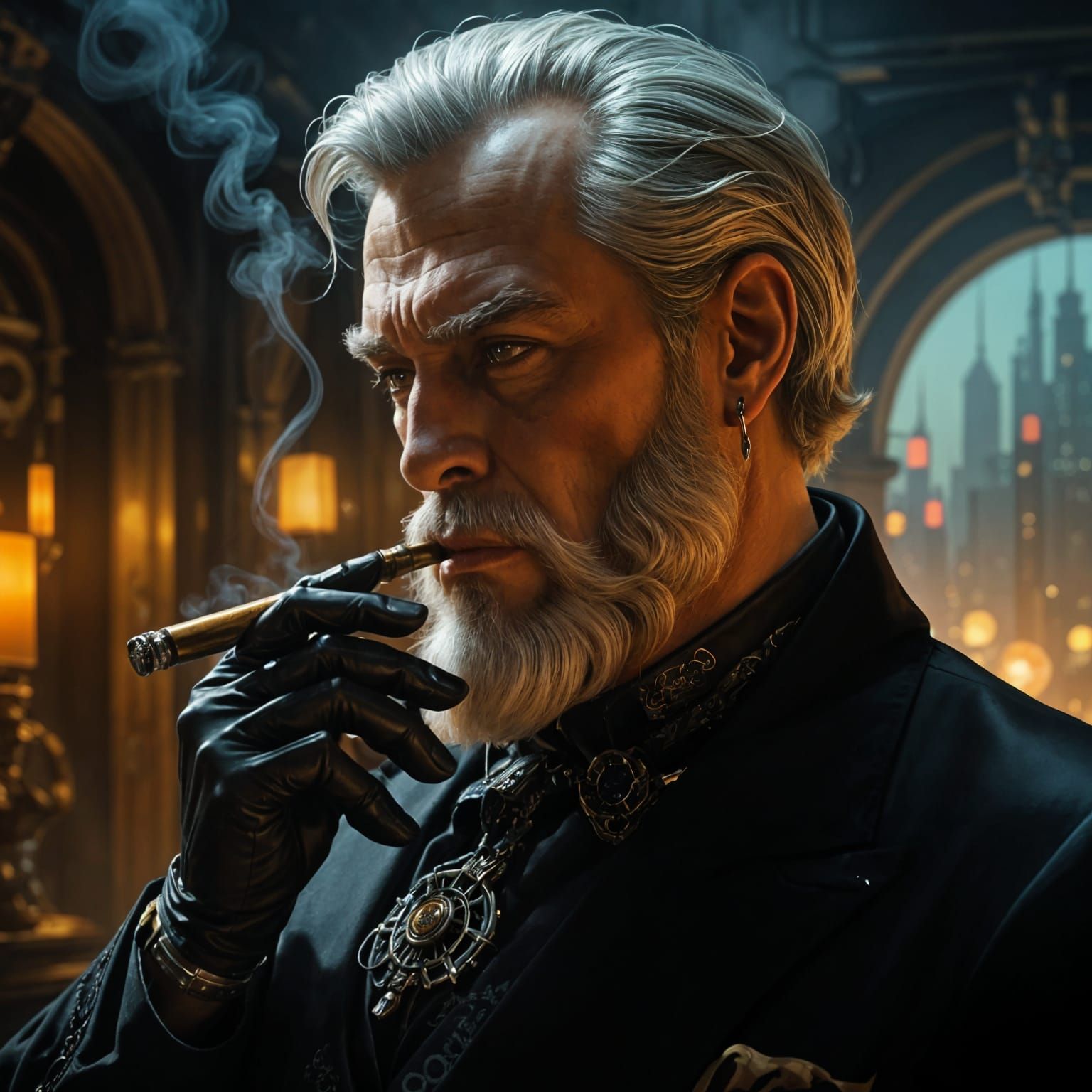 Elegant Cyborg Gentleman Puffs on a Cigar in a Dystopian Cit...