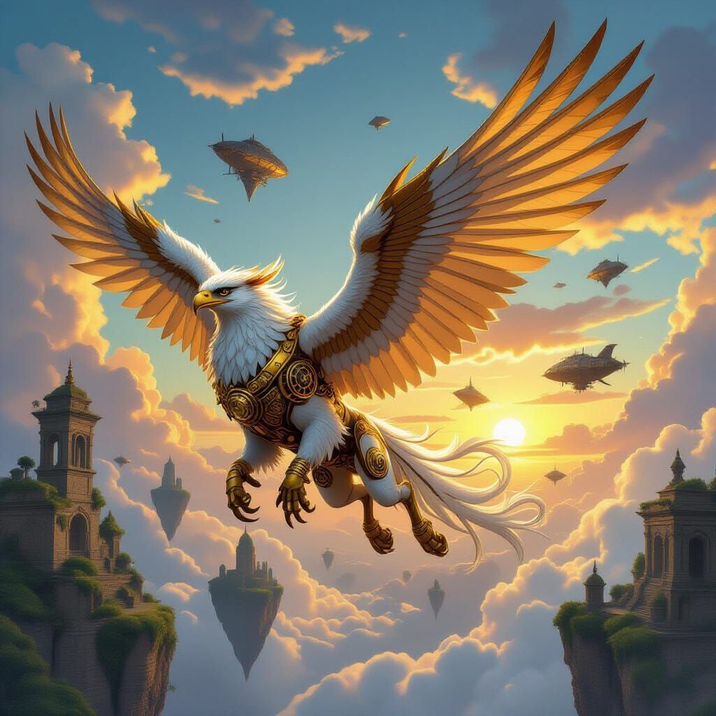 Steampunk Griffin Soaring Through Fantasy Sky