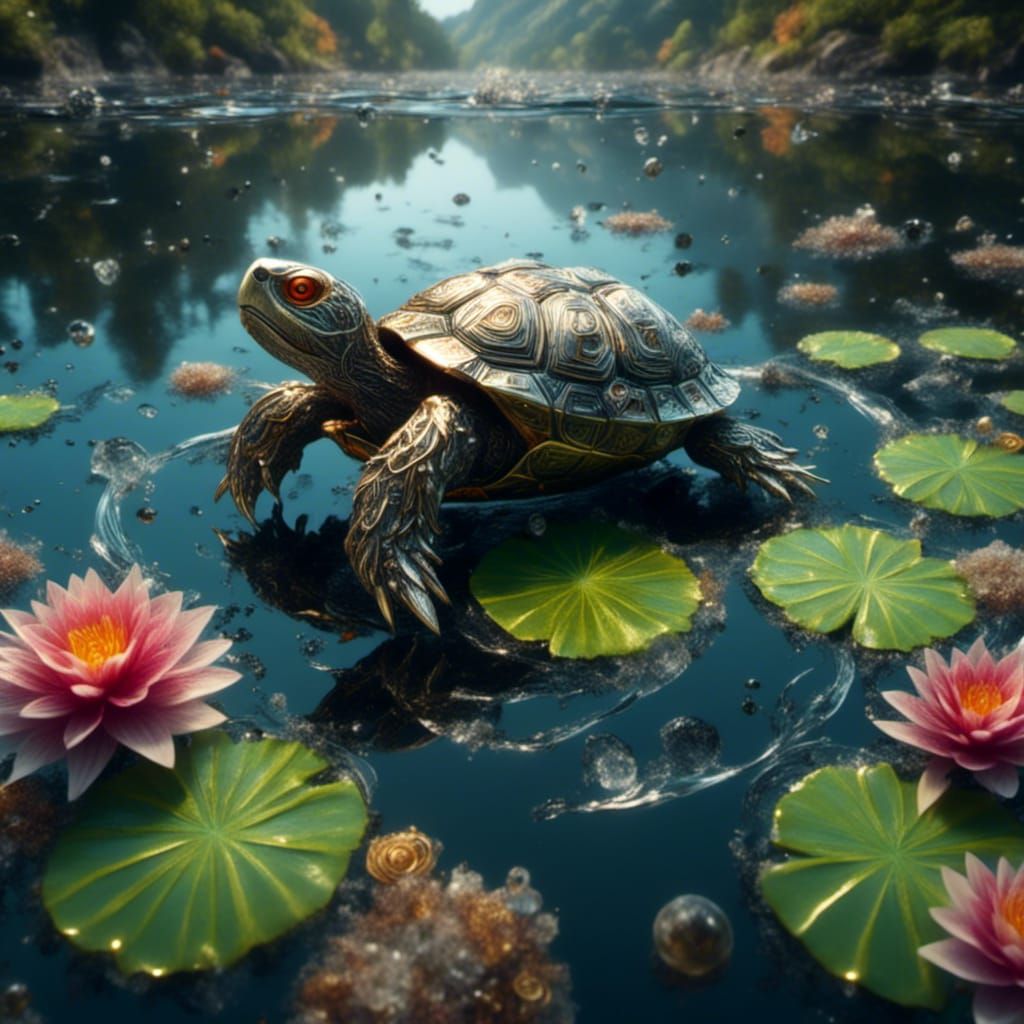 Red-Eared Slider Turtle on Lily Pad in Pond