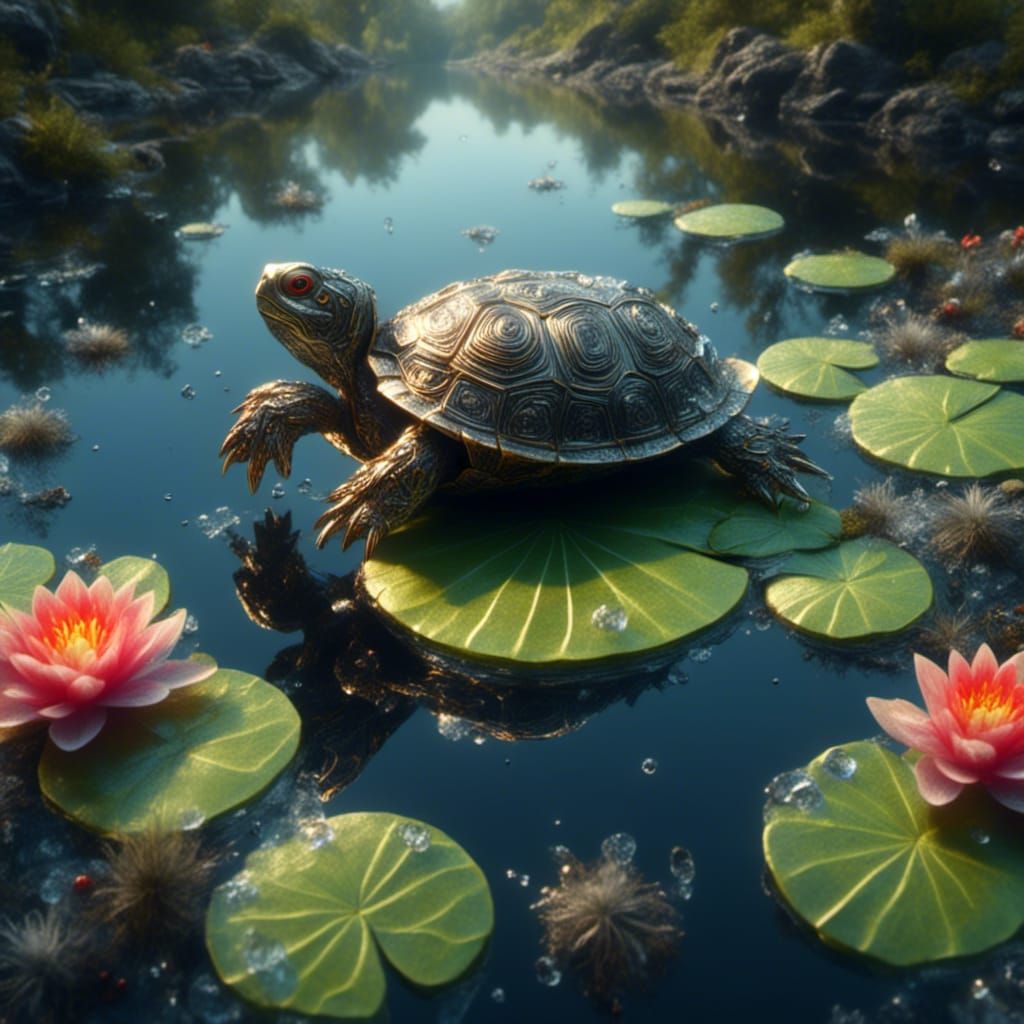 Turtle on Lily Pad: Detailed Matte Painting