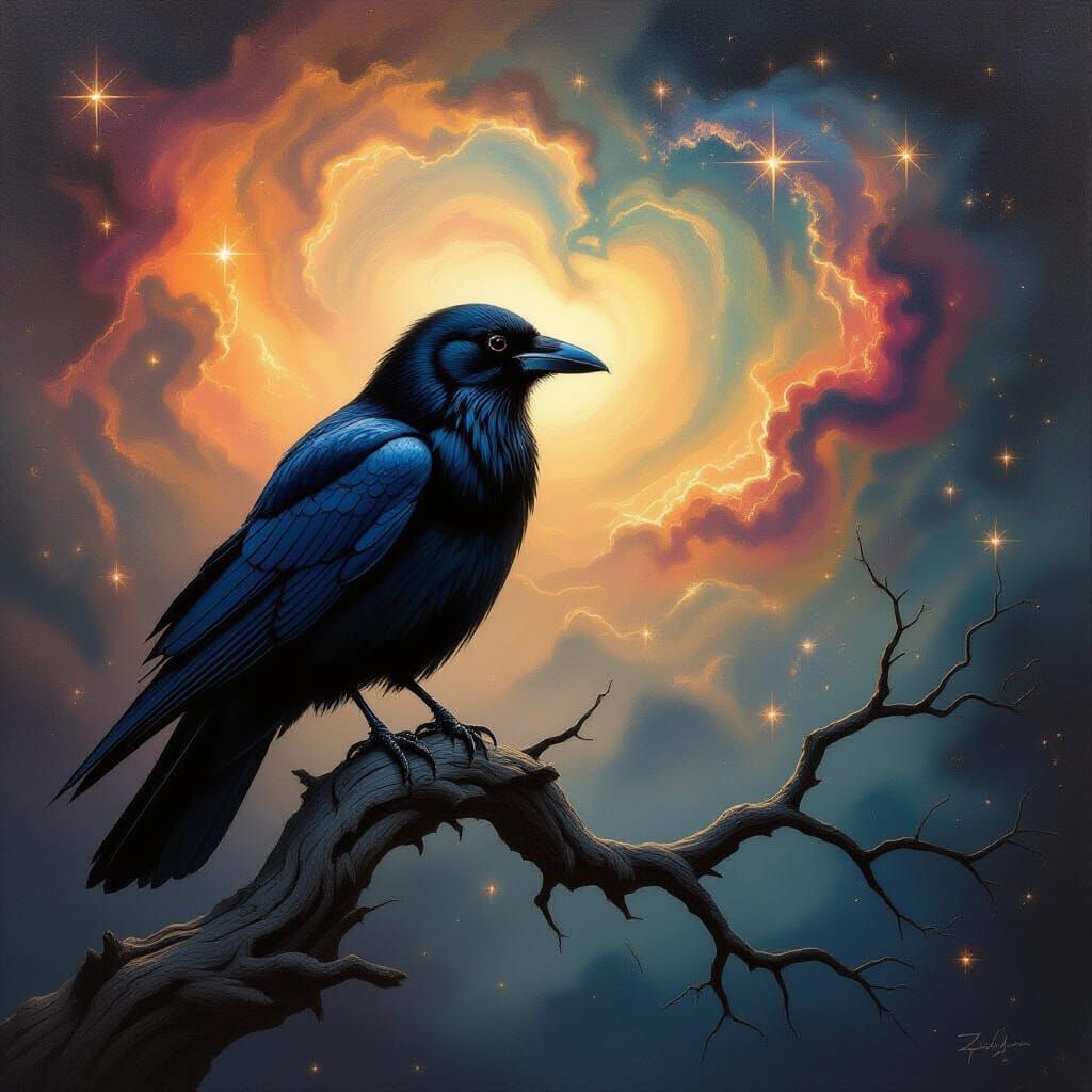 Crow on Ancient Branch Against Cosmic Nebula