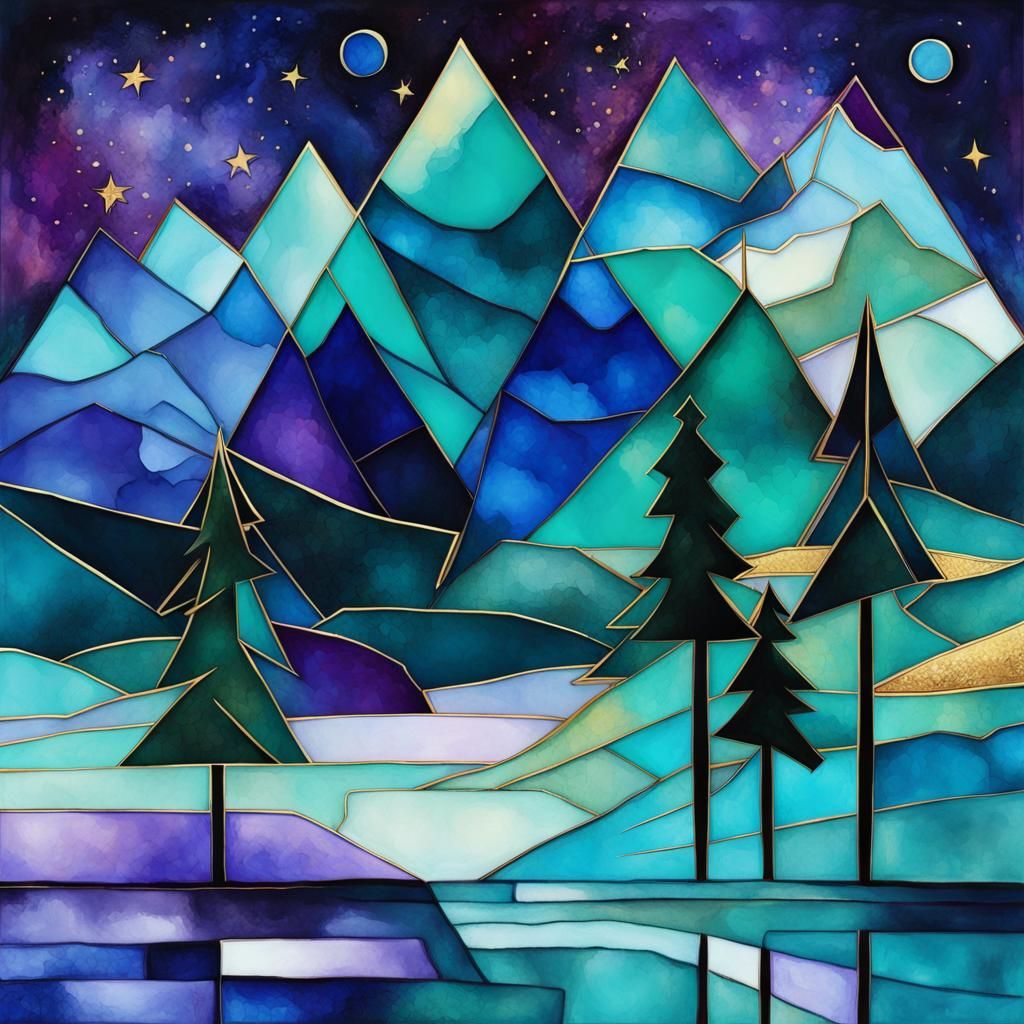 Nebulous Alcohol Ink :: Spruce Trees :: Frozen Mountain Lake...