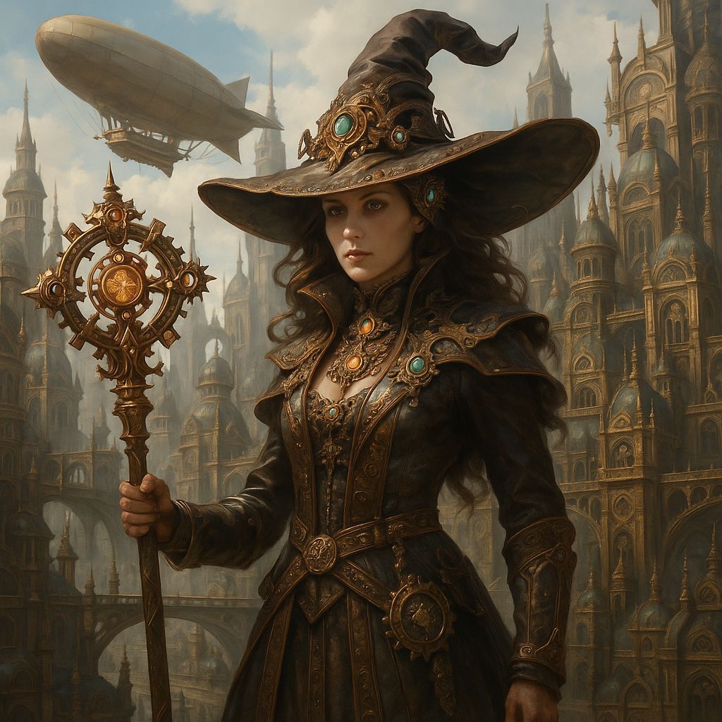 Steampunk Sorceress in Ornate Cityscape Illustration
