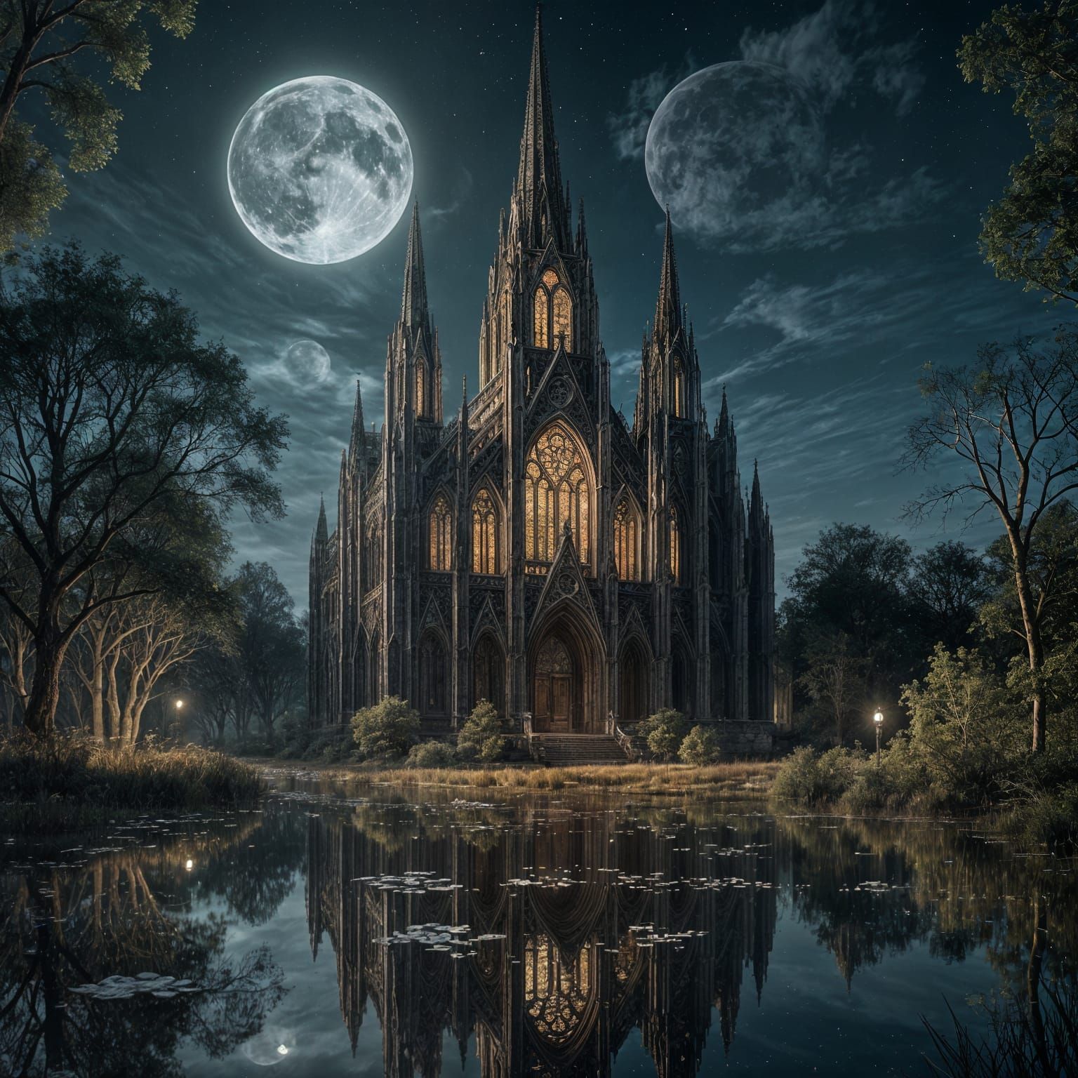 Stained Glass Gothic Cathedral Reflecting Moonlight