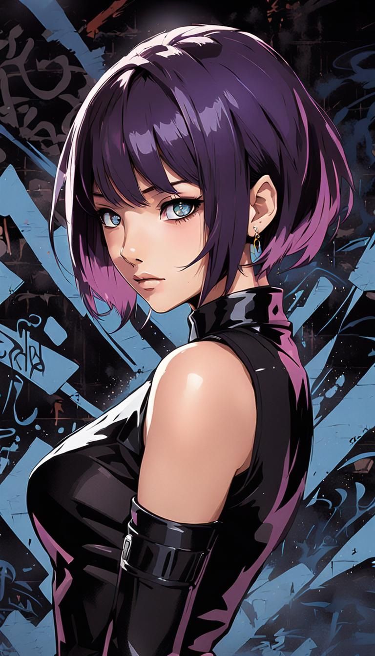 Anime Portrait of Young Woman with Graffiti Background