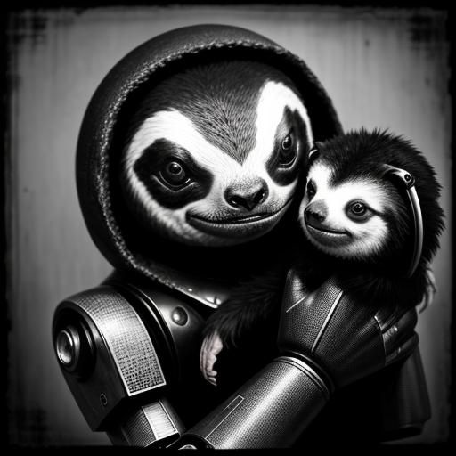 Sloth Holding Robot in Vintage Photograph
