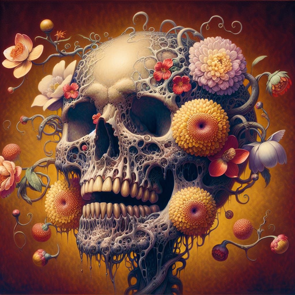 Skull Adorned with Flowers: A Hyperreal Still Life