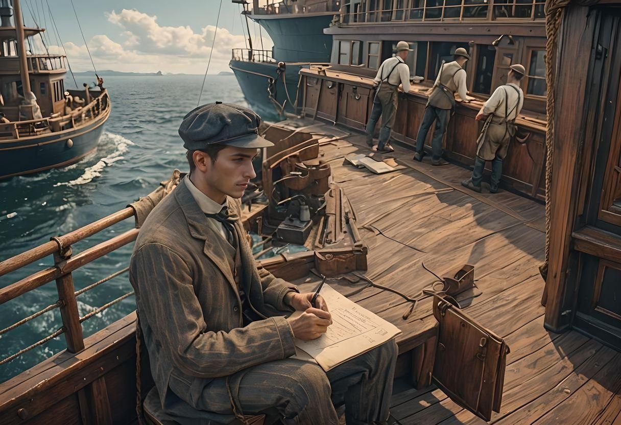 Historical Man Writing Letter on Boat Deck