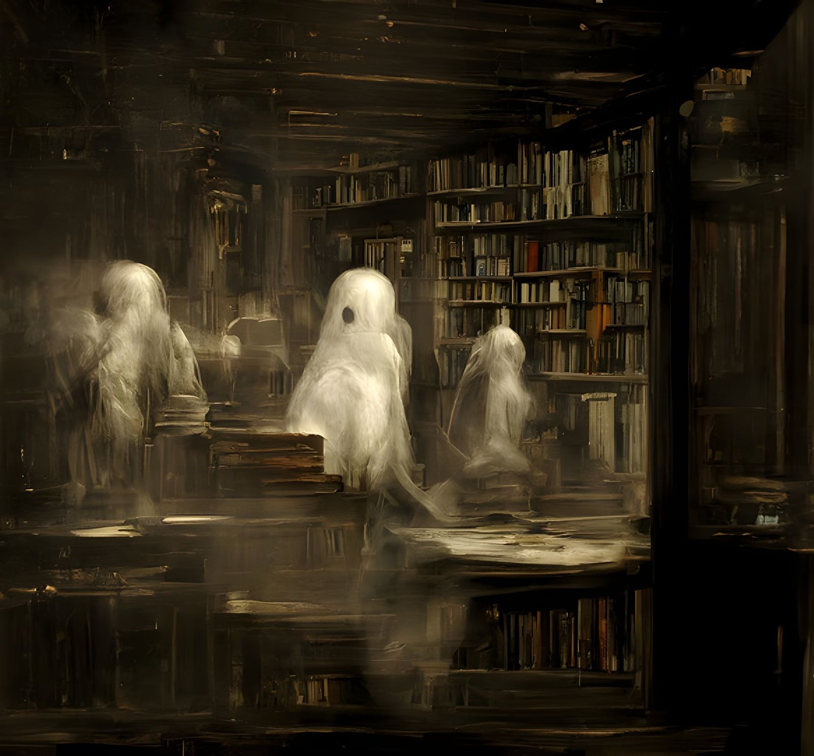 Ghosts Browse Bookshelves in Haunted Library