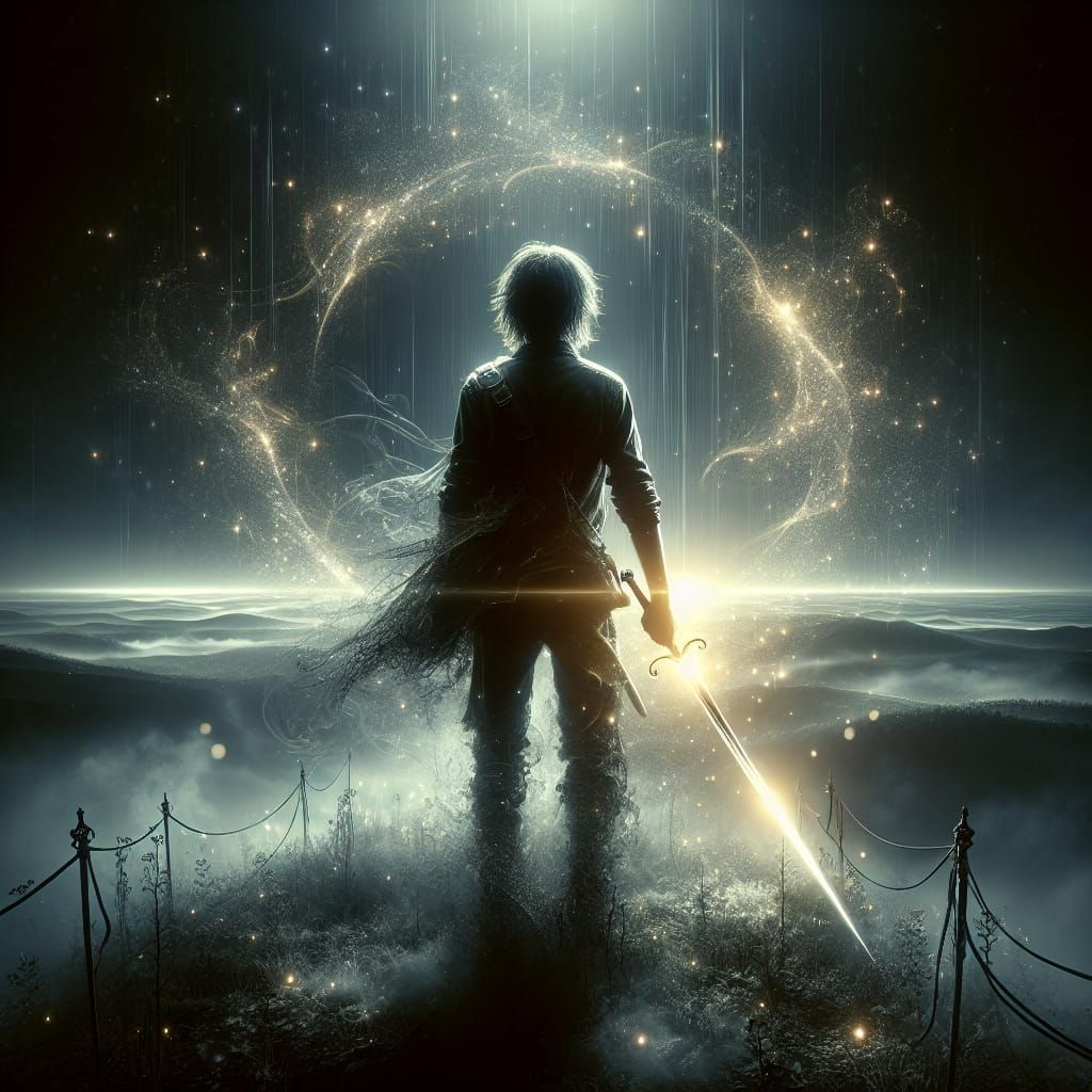 Ethereal Battlefield: Glowing Sword in the Night