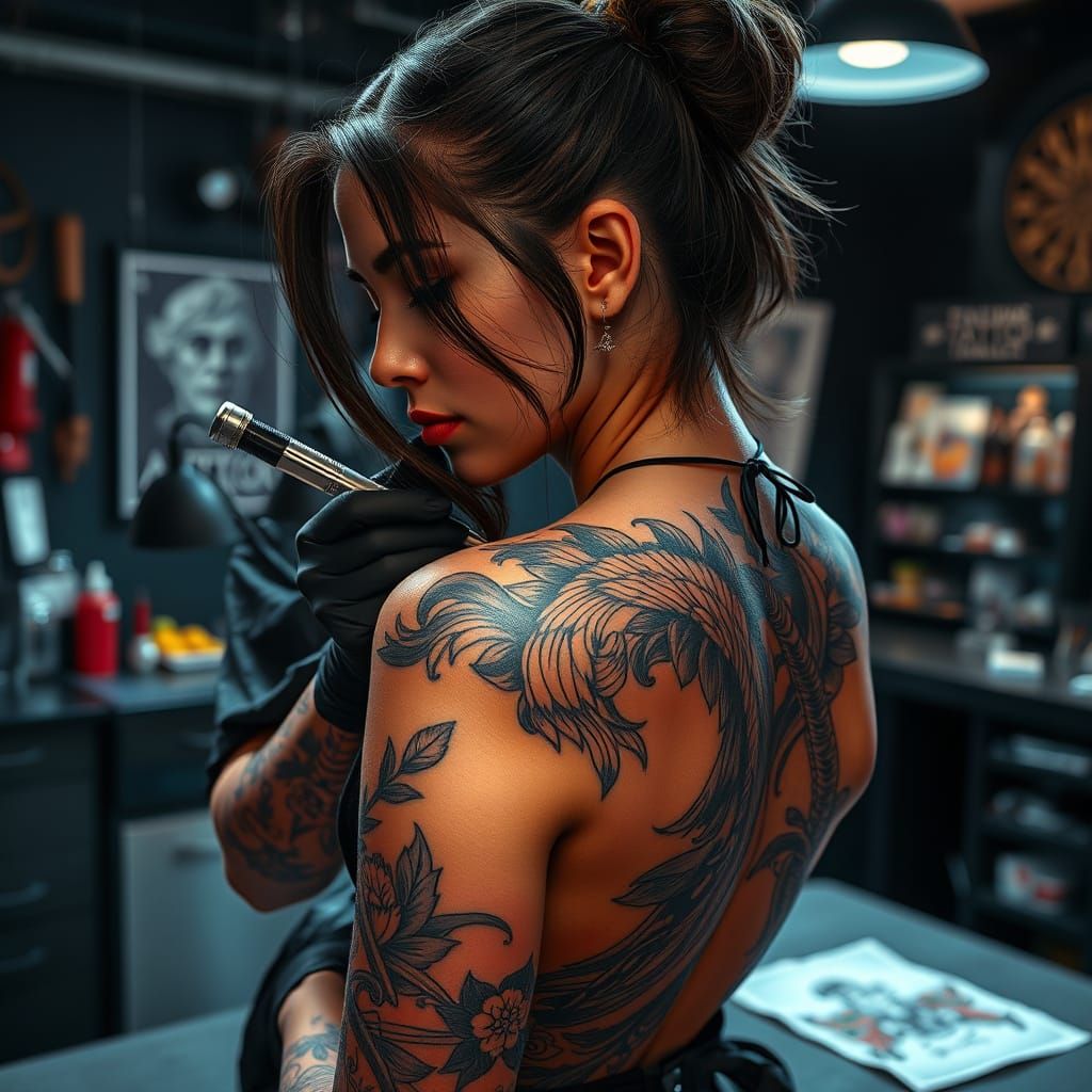 Dramatic Tattoo Studio Scene in Hyper-Realistic Style