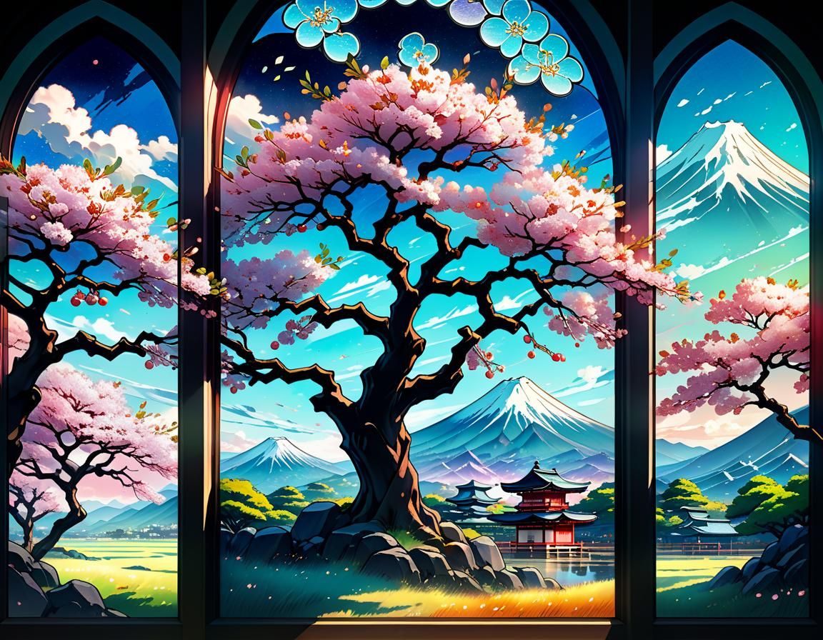 Anime Cherry Tree Stained Glass Triptych