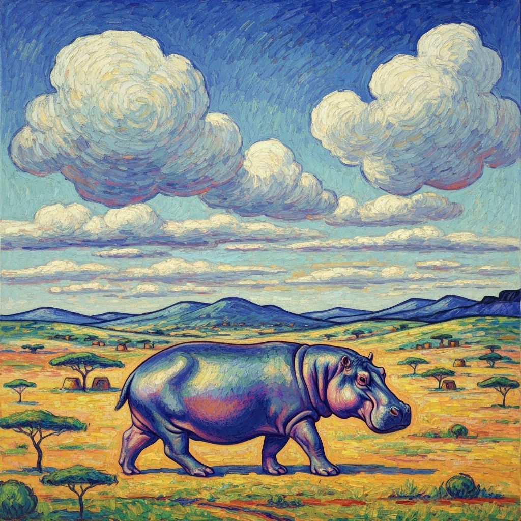 Iridescent Hippo in Neo-Impressionist Savanna