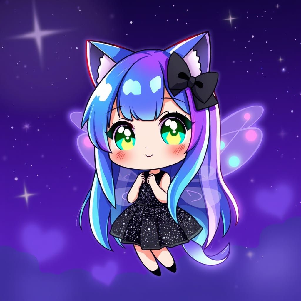 Kawaii Rainbow Fairy in a Dark Purple Nighttime Sky