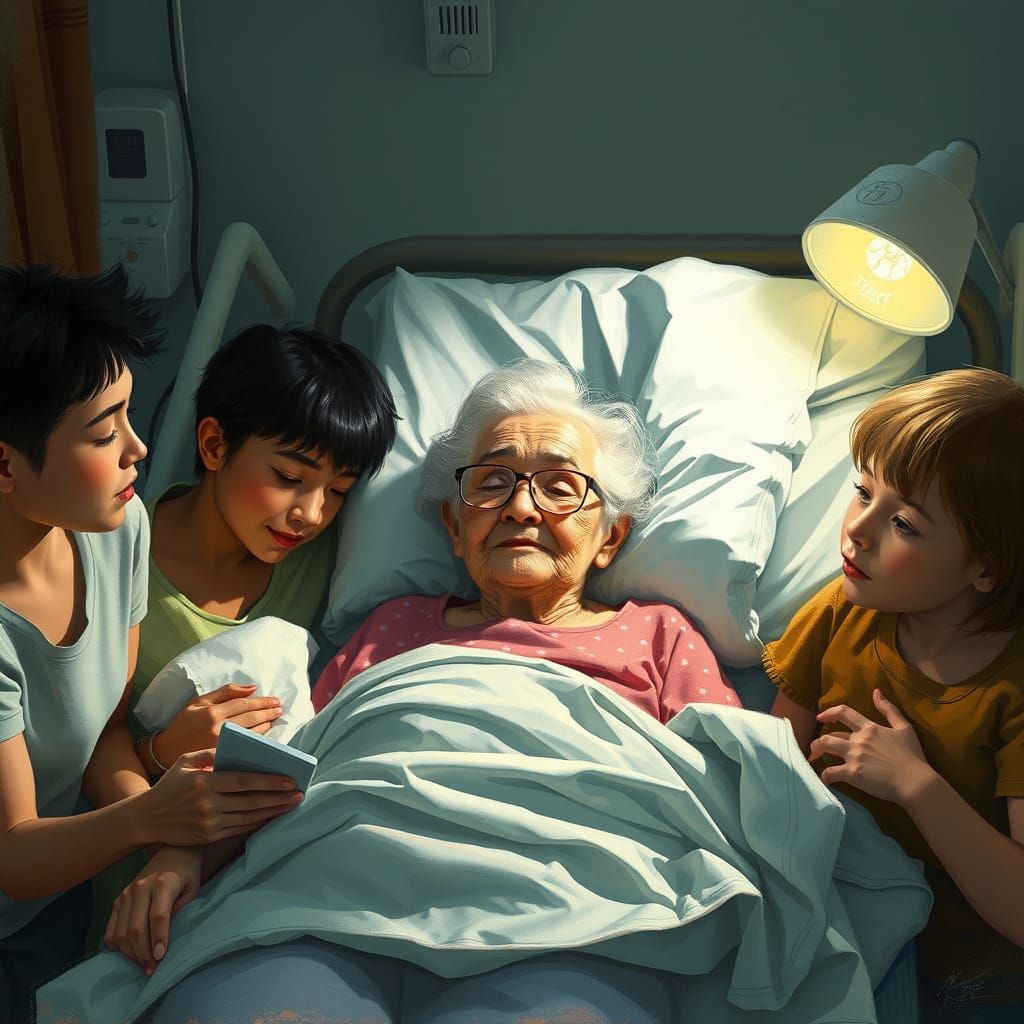 Grandmother in Hospital Bed: Emotive Portrait